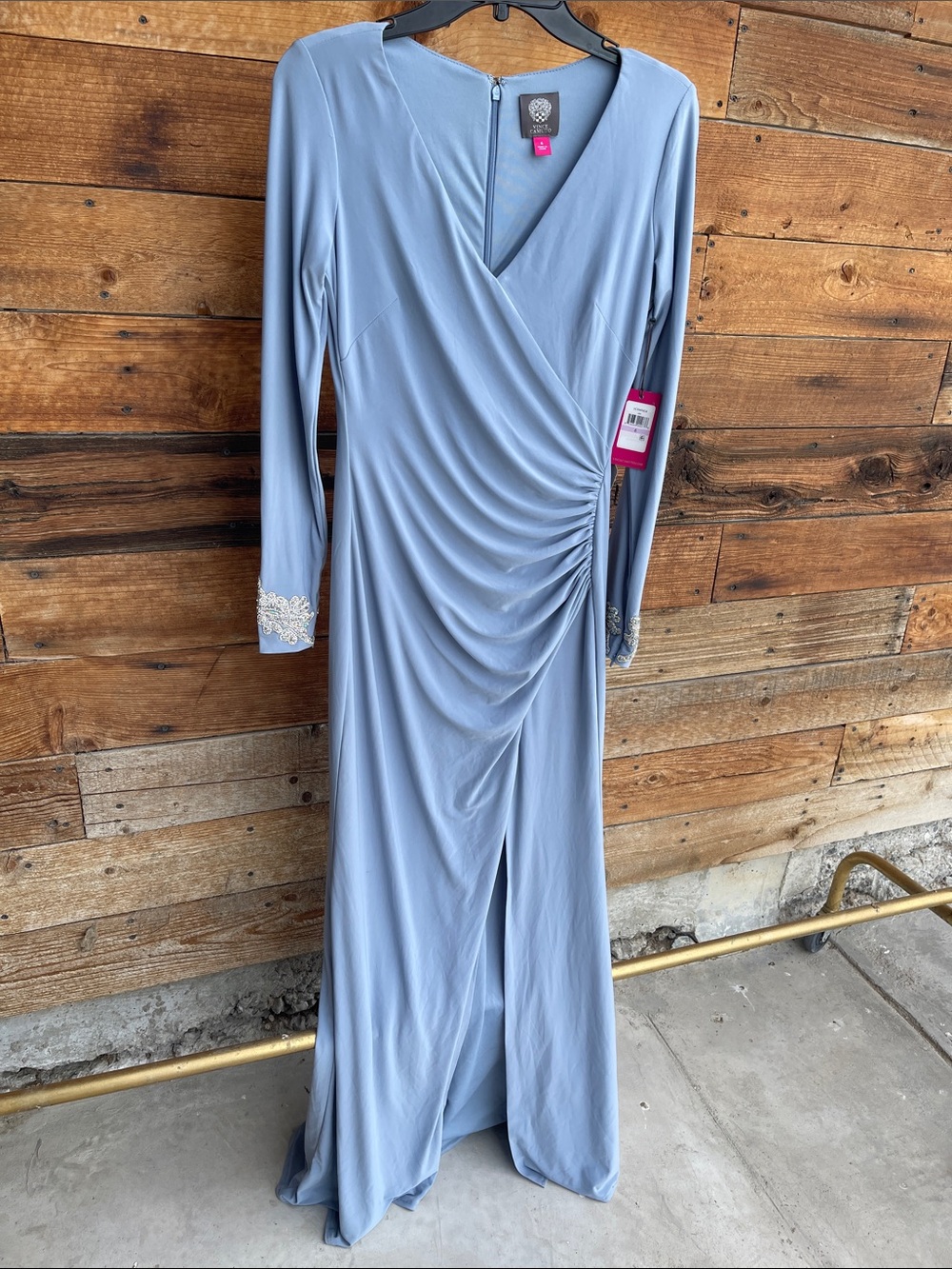 Vince Camuto Dusty Blue Long Sleeve Surplice Gown